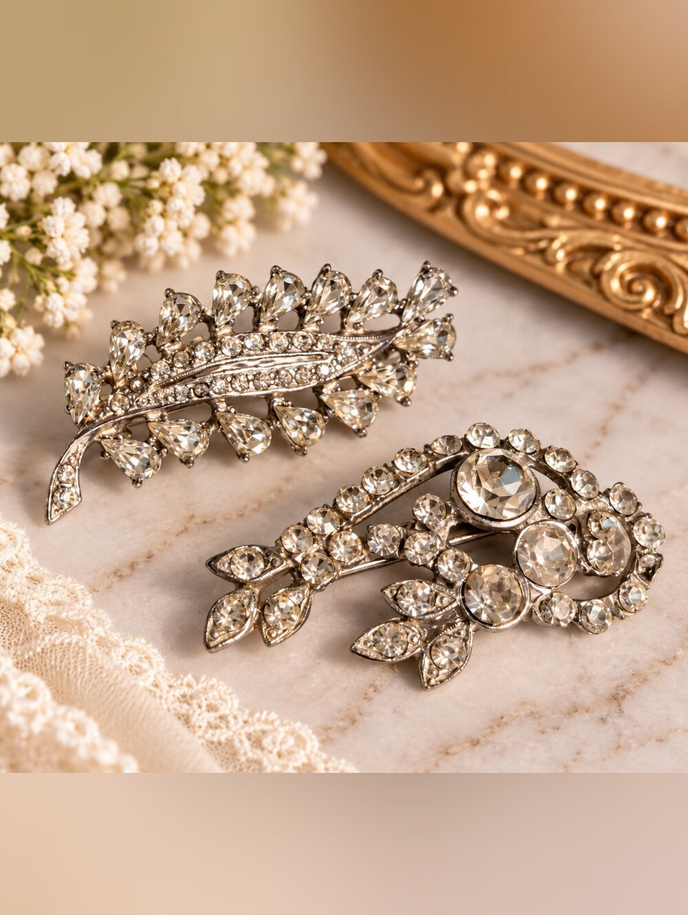 Vintage AJC & Unmarked Rhinestone Floral Brooches Lot • 2 Statement Pins